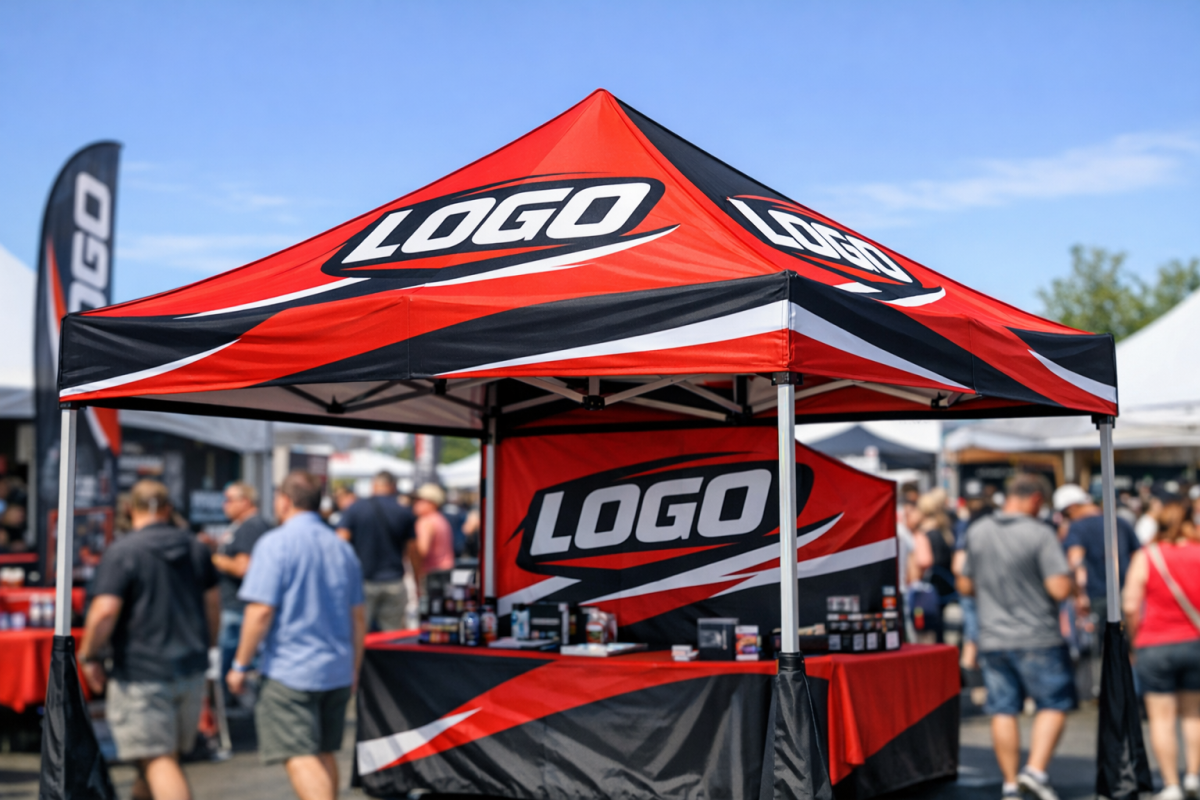 Colorful branded pop up tent design elements