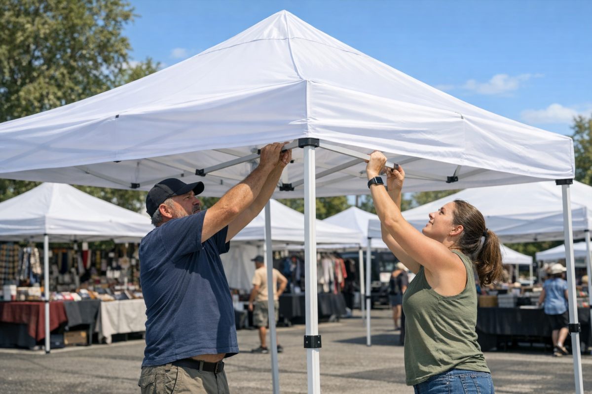 Various pop up tent sizes displayed outdoors